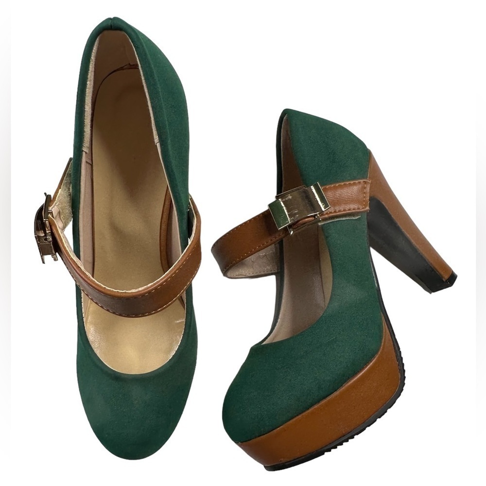 Women's green Round Toe Platform Pumps Chunky High Heel Buckle‎ size US 6